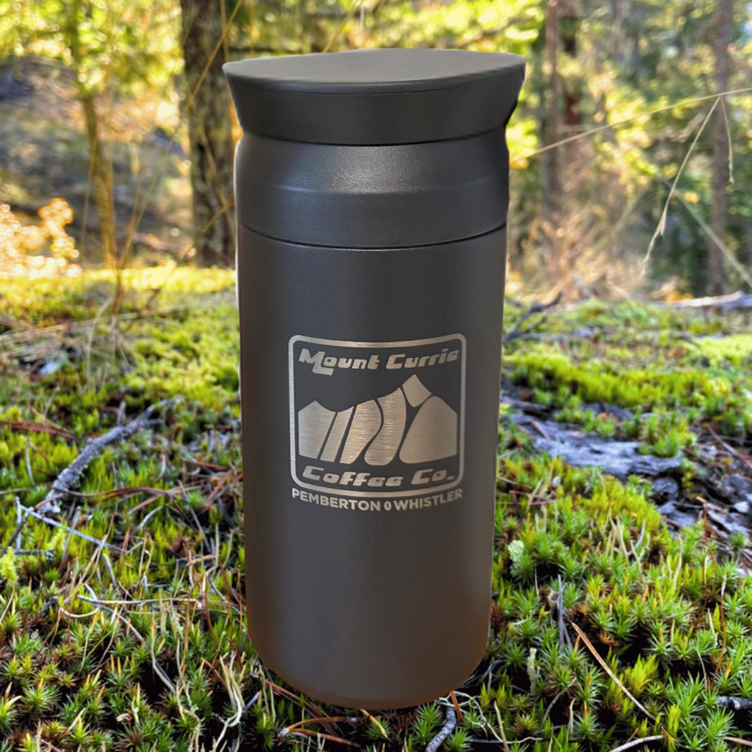 Insulated travel tumbler with MCCC logo and Pemberton Whistler laser etching, available in white and black