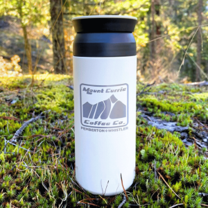 Insulated travel tumbler with MCCC logo and Pemberton Whistler laser etching, available in white and black
