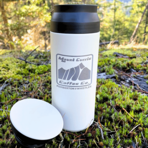 Insulated travel tumbler with MCCC logo and Pemberton Whistler laser etching, available in white and black