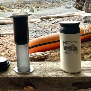 Insulated travel tumbler with MCCC logo and Pemberton Whistler laser etching, available in white and black
