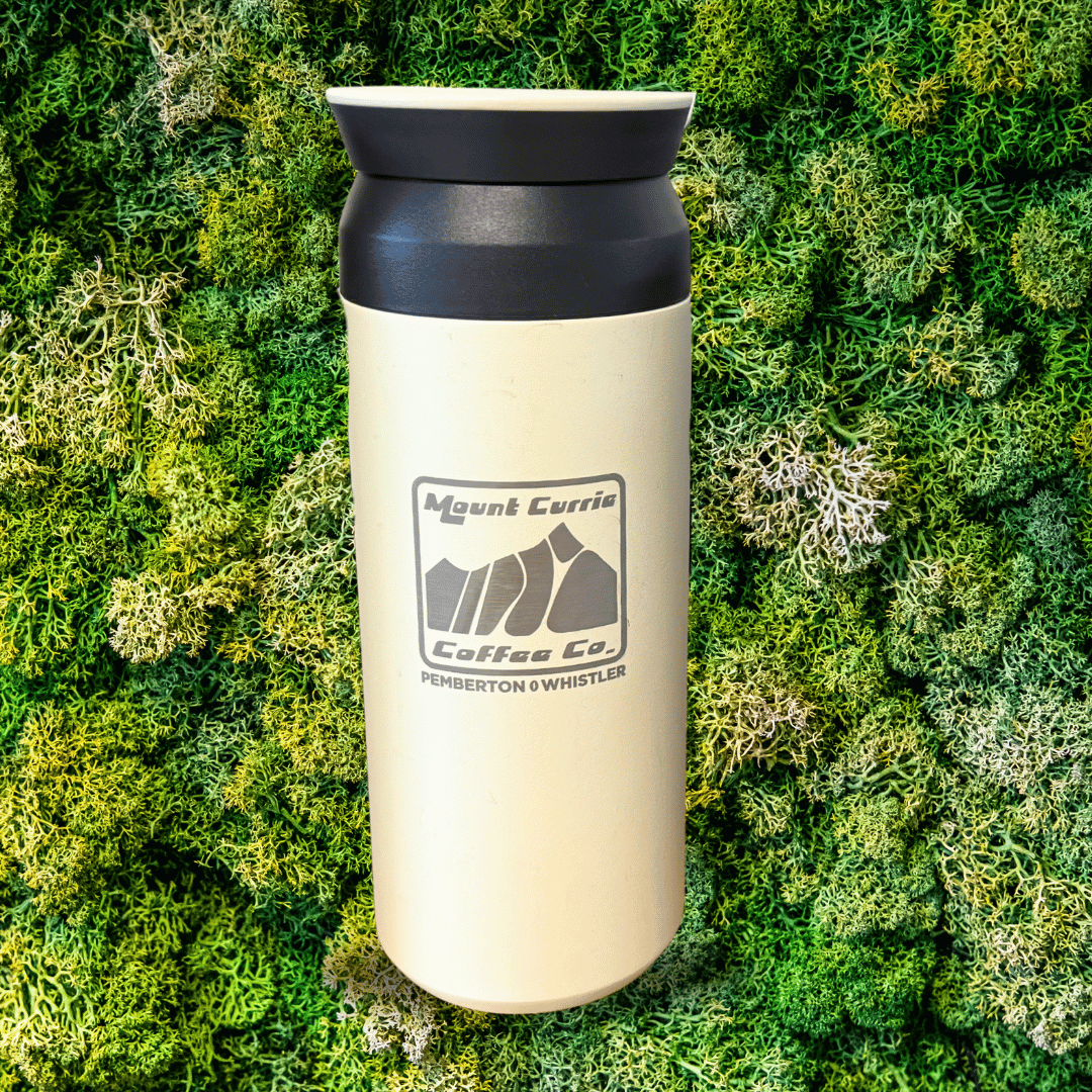 Large insulated travel tumbler with MCCC logo and Pemberton Whistler laser etching, available in white and ash green