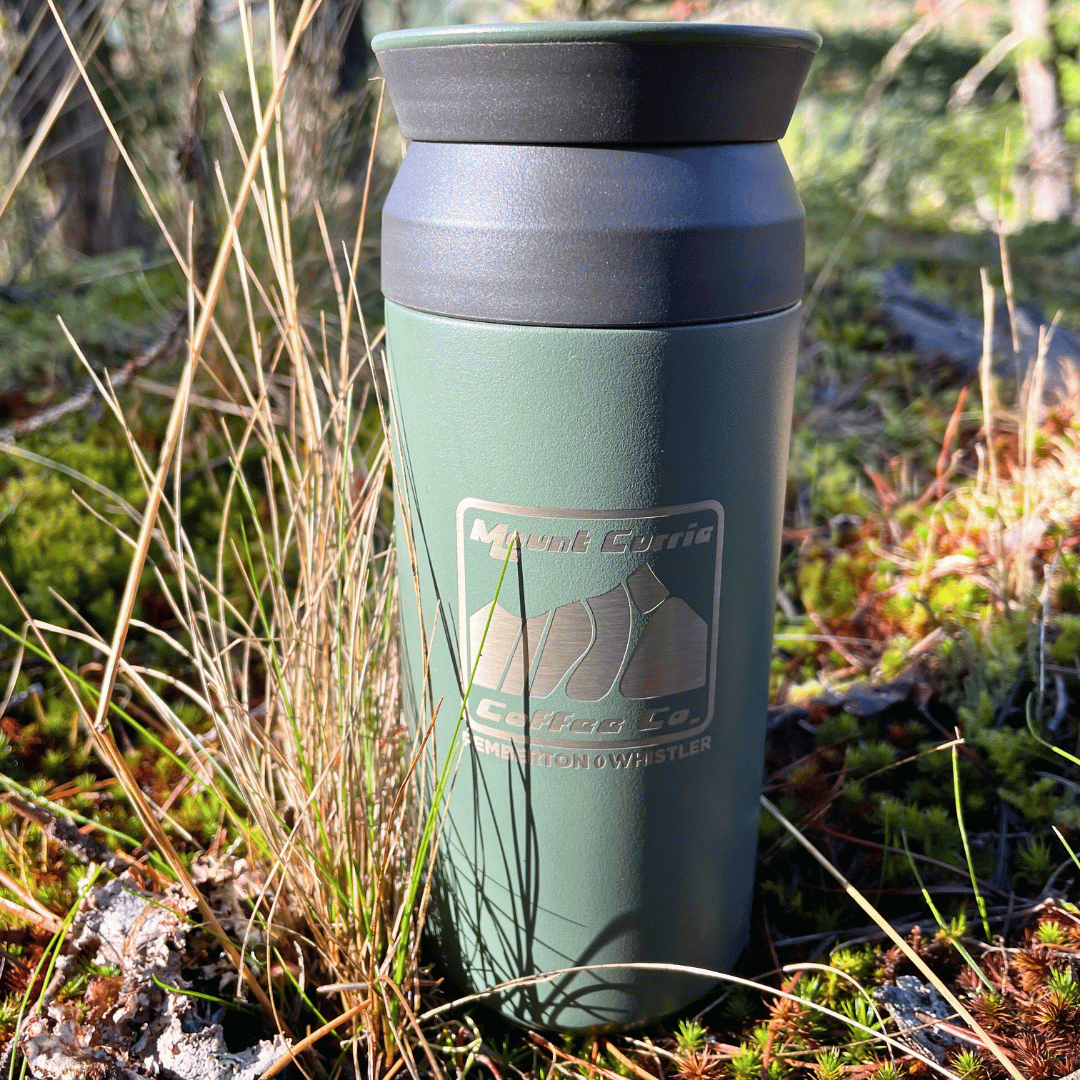 Large insulated travel tumbler with MCCC logo and Pemberton Whistler laser etching, available in white and ash green
