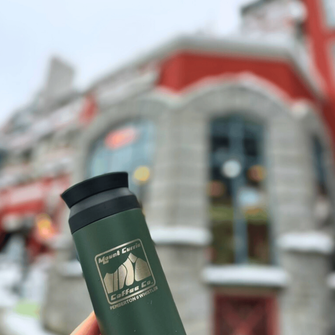 Large insulated travel tumbler with MCCC logo and Pemberton Whistler laser etching, available in white and ash green
