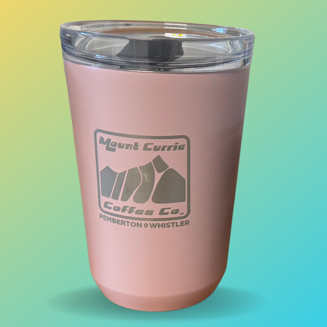 Insulated tumbler with MCCC logo and Pemberton Whistler laser etching available in pink and khaki