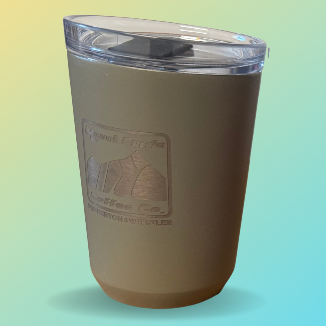 Insulated tumbler with MCCC logo and Pemberton Whistler laser etching available in pink and khaki