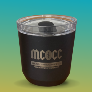 Black insulated tumbler with MCCC logo and Pemberton Whistler laser etching