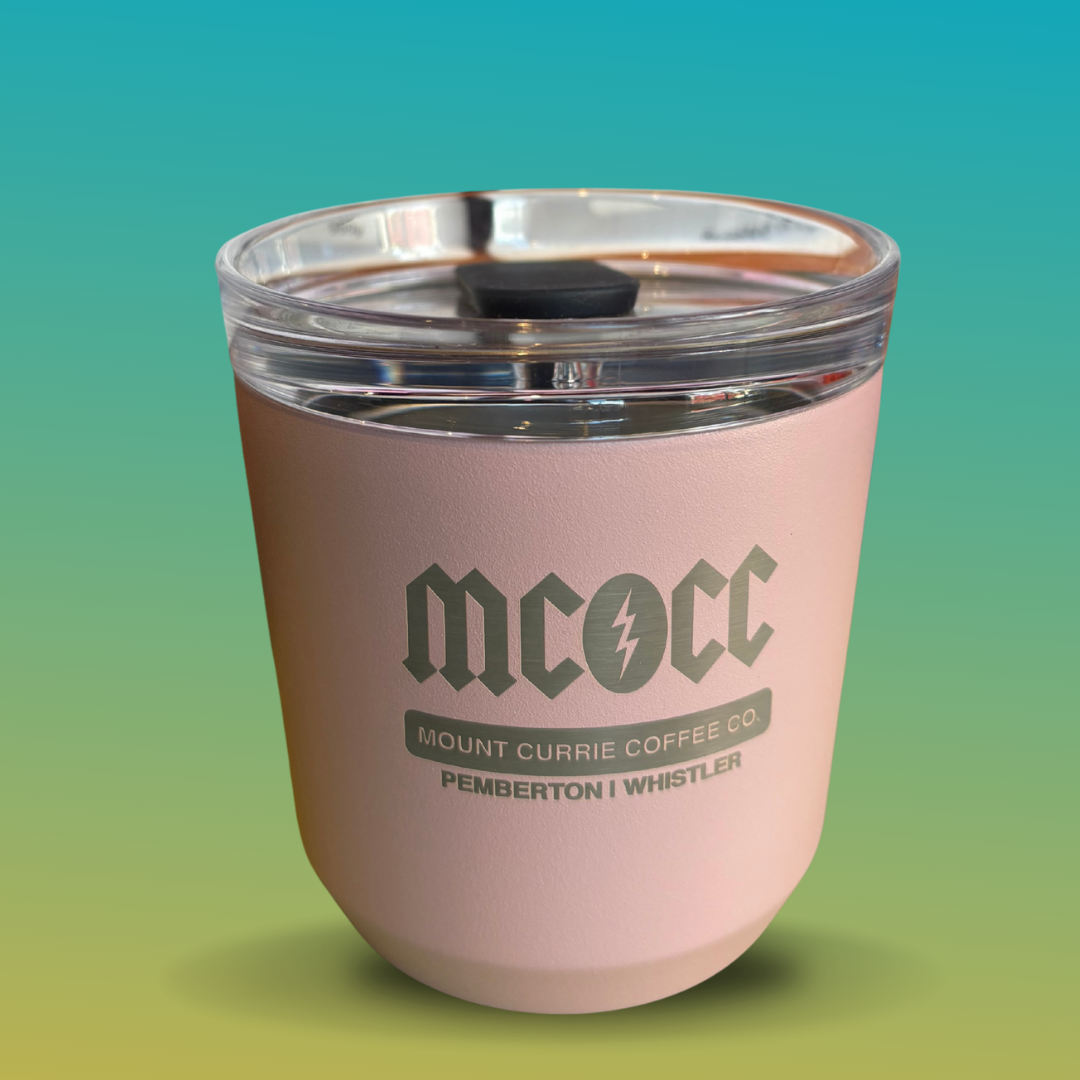 Pink insulated tumbler with MCCC logo and Pemberton Whistler laser etching